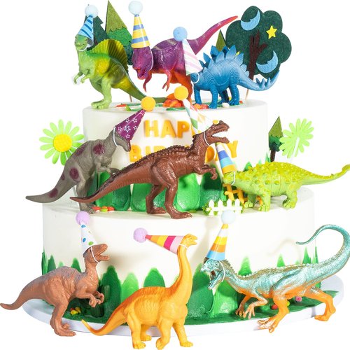 18 Pcs Dinosaur Birthday Party Decorations, Dinosaur Cake Toppers Mini Birthday Hat Animal Figure Model Cake Decoration with Mini Hat for Themed Birthday Party