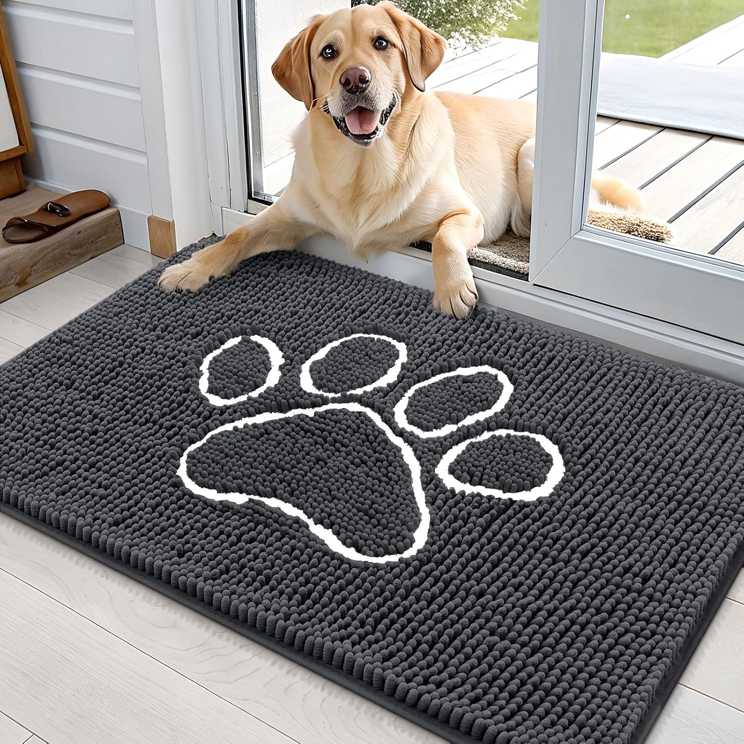OLANLY Dog Door Mat - Absorbent Non-Slip Mud Mat for Paws | 36x24 Dark Grey Chenille Design