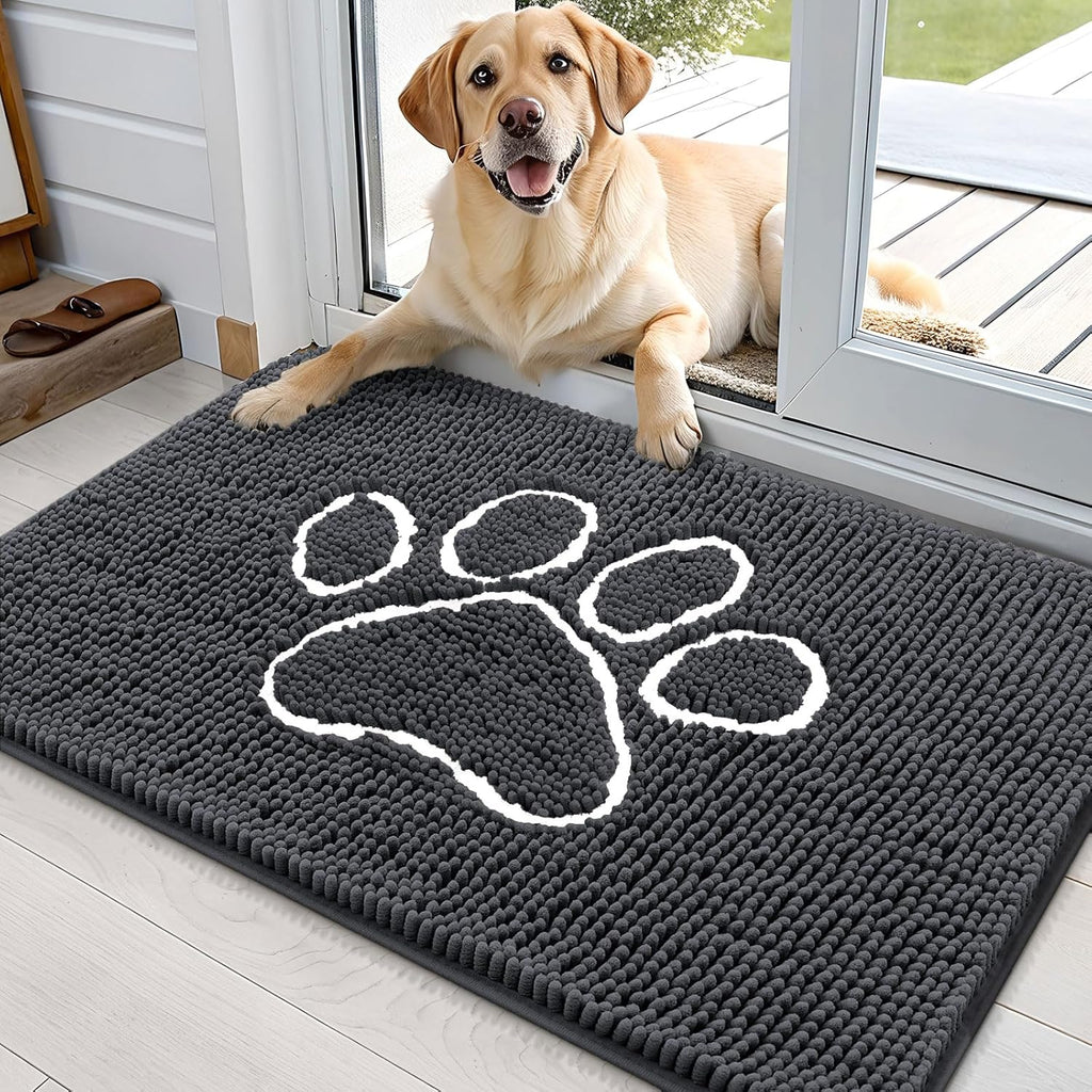 OLANLY Dog Door Mat - Absorbent Non-Slip Mud Mat for Paws | 35x24 Dark Grey Chenille Design