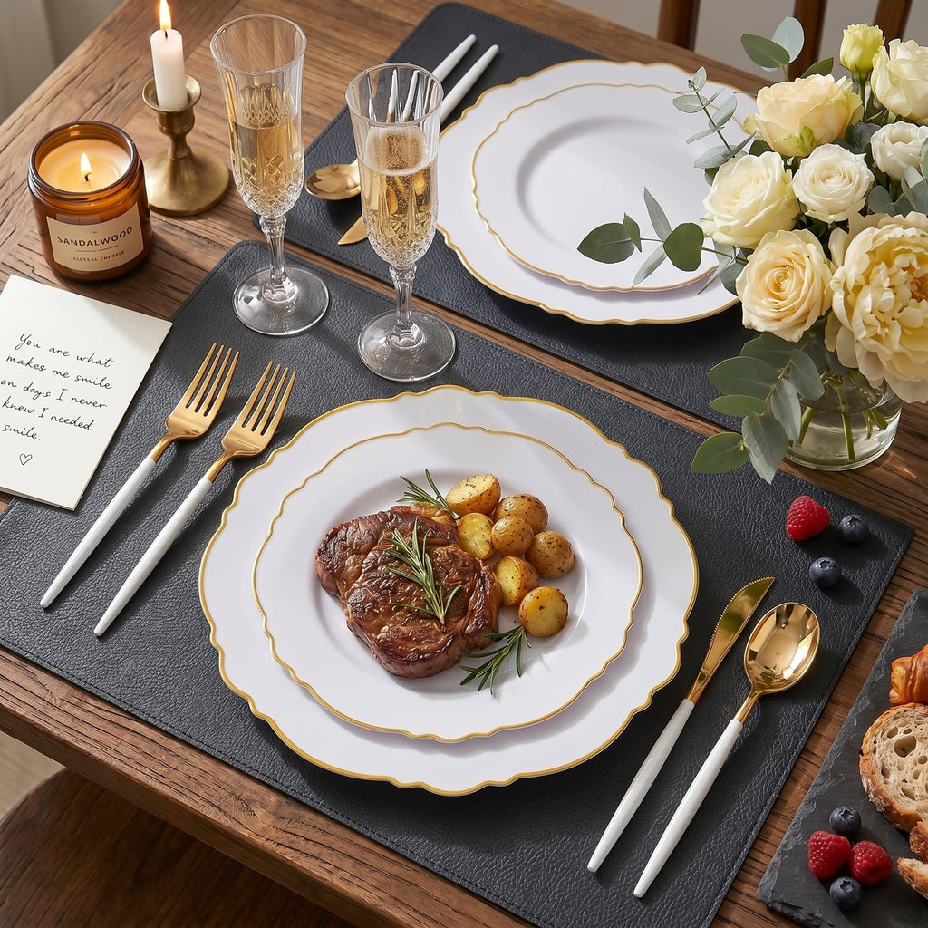 WDF 30Guest Gold Plastic Plates - High-end Baroque Design - 10.25&7.5in Wedding White and Gold Plates Disposable for Birthday/Baby Shower/Wedding/Party