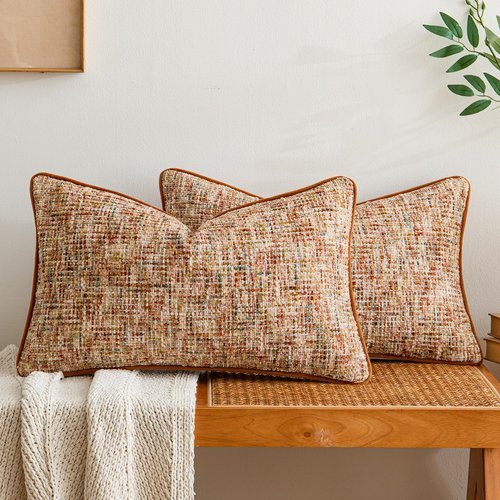 a moment Fall Rust Orange Reversible Pillow Covers 2 Pack - Farmhouse Chenille Throw Pillows, Neutral Textured Decorative Throw Pillow Covers with Border for Couch Sofa Bed (12x20 Inch, No Insert)