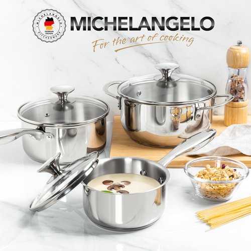 MICHELANGELO Stainless Steel Pot Set with Lids 1QT & 2QT & 3QT, Stainless Steel Saucepan Set 6pcs, 18/10 Induction Saucepans, Induction Compatible, Dishwasher Safe