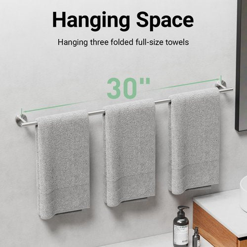 Brushed Nickel Towel Bar, 30 Inch Towel Rack for Bathroom Wall-Mounted, SUS304 Stainless Steel, Total Length 32 Inch