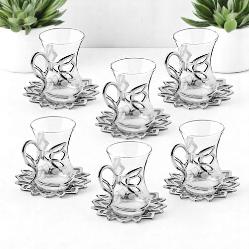 Alisveristime (Set of 6) Turkish Tea Set with Zamac Holders, Glass Cups & Saucers – 100ml Capacity, Ottoman Style, 4 Color Options (Silver)