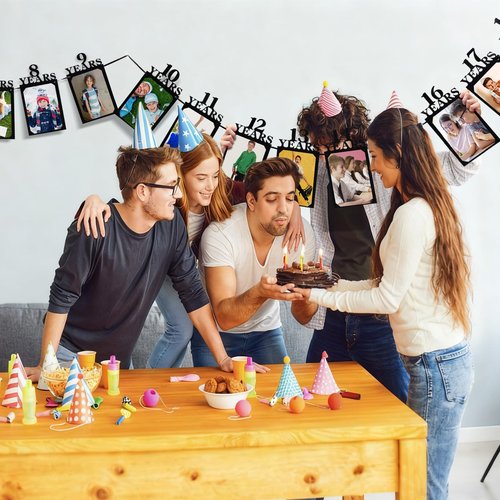 Breling 18th Happy Birthday Photo Banner Newborn to 18th Age Photo Banner Decorations 16th Party Picture Frame Garland Display Party Supplies(18 Years,Black)