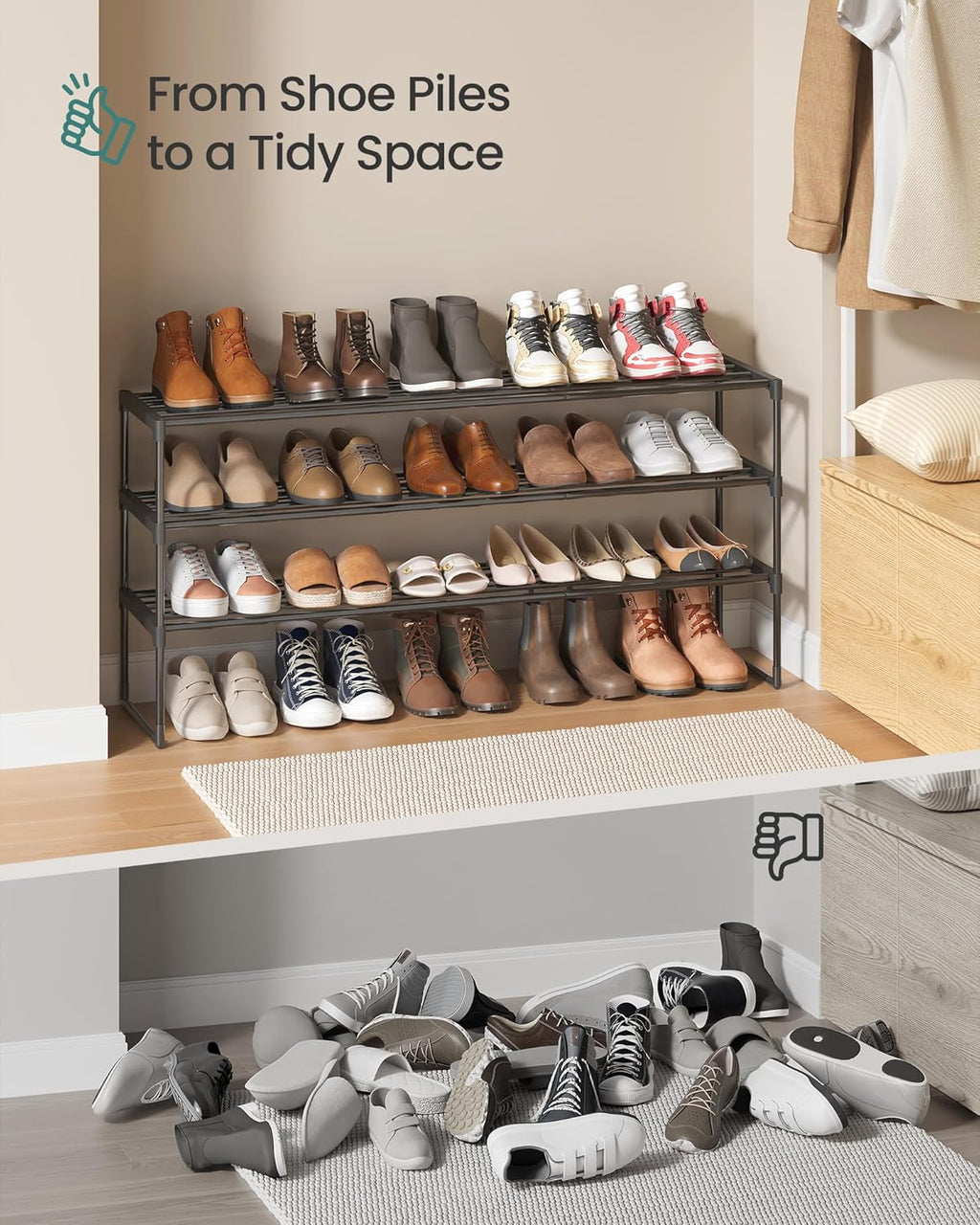 SONGMICS 3-Tier Shoe Rack - Stackable Metal Organizer for 20-24 Pairs - Black, 11.8 x 46.1 x 21.7 Inches