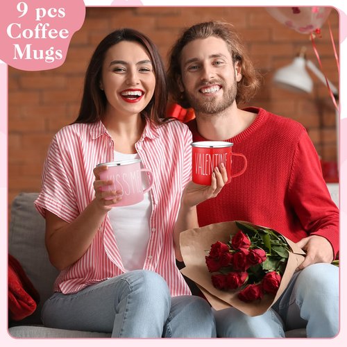 Mumufy 9 Pcs Valentine's Day Coffee Mugs 12 oz Valentine's Day Enamel Mug Romantic Coffee Mug Outdoor Camper Mug Kiss Love Sign Camping Tea Cup for Valentine's Day Party Campfire