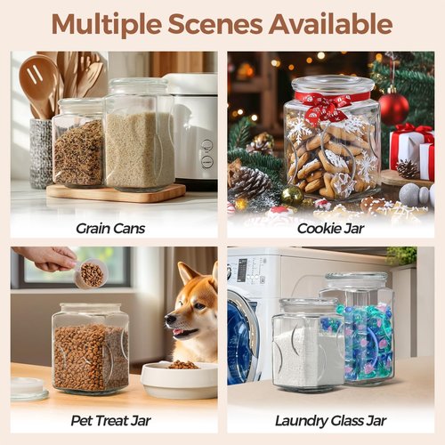 ComSaf 64 oz Glass Jar with Lid, 2 QT Pantry Storage Containers set with Glass Lids, Flour Sugar Storage Containers, Half Gallon Jars for Kitchen Storage and Laundry Room Containers, Set of 2