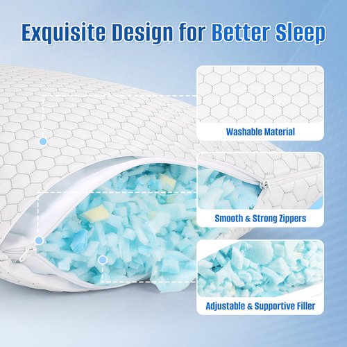 CushyOasis Shredded Memory Foam Pillow for Sleeping, Cooling Bed Pillows Set of 2, Adjustable Pillows for Side, Back, Stomach Sleepers with Washable Pillowcase (King Size, Grey)