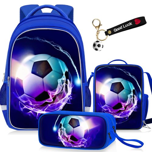 TILYTADLY School Backpack for Boys - 4pcs Soccer Boys Backpack with Lunch Box and Pencil Case for Kids Children Teens Elementary Middle School - Students Bag for Ages 6-18,17″Bookbag Travel Back Pack