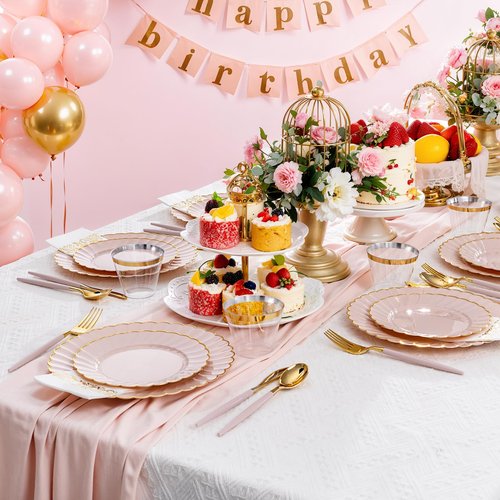 Ciaell 175 PCS Pink Scalloped Plastic Plates with Gold Trim - Pink Plastic Silverware with Handle - Fancy High-End Dinnerware Sets for Wedding & Baby Showers & Party & Easter