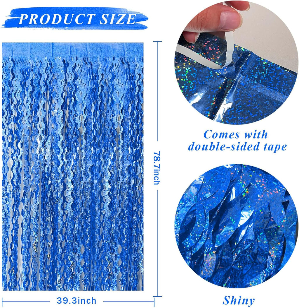 Skiennix Blue Tinsel Foil Fringe Curtains - Sparkling Wavy Backdrop for Parties & Photo Booths