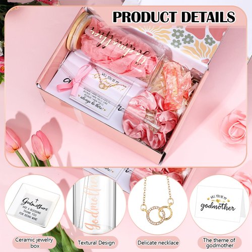 Honeydak 8 Pcs Godmother Proposal Gift Set Will You Be My Godmother from Godchild 16oz Glass Cup Necklace Trinket Ring Dish Gift Box for Mother's Day Easter Birthday Baptism(Rose Gold)