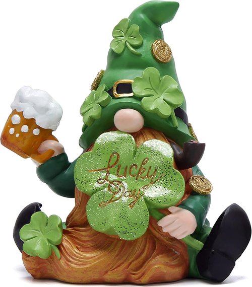 Hodao Green St. Patrick's Day Gnome Figurine - 6" Handmade Resin Elf for Spring Decor