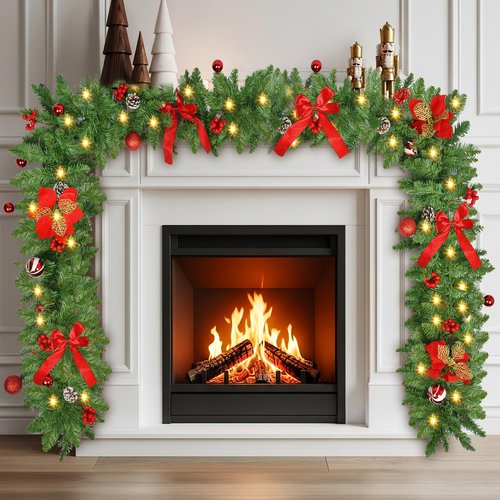 Christmas Garland with Lights, 9FT 30 LED Prelit Christmas Garland with Pinecones, Flowers, Bows, Outdoor Indoor Christmas Decorations Garland Battery Operated with Timer for Stairs,Mantel,Door,Window
