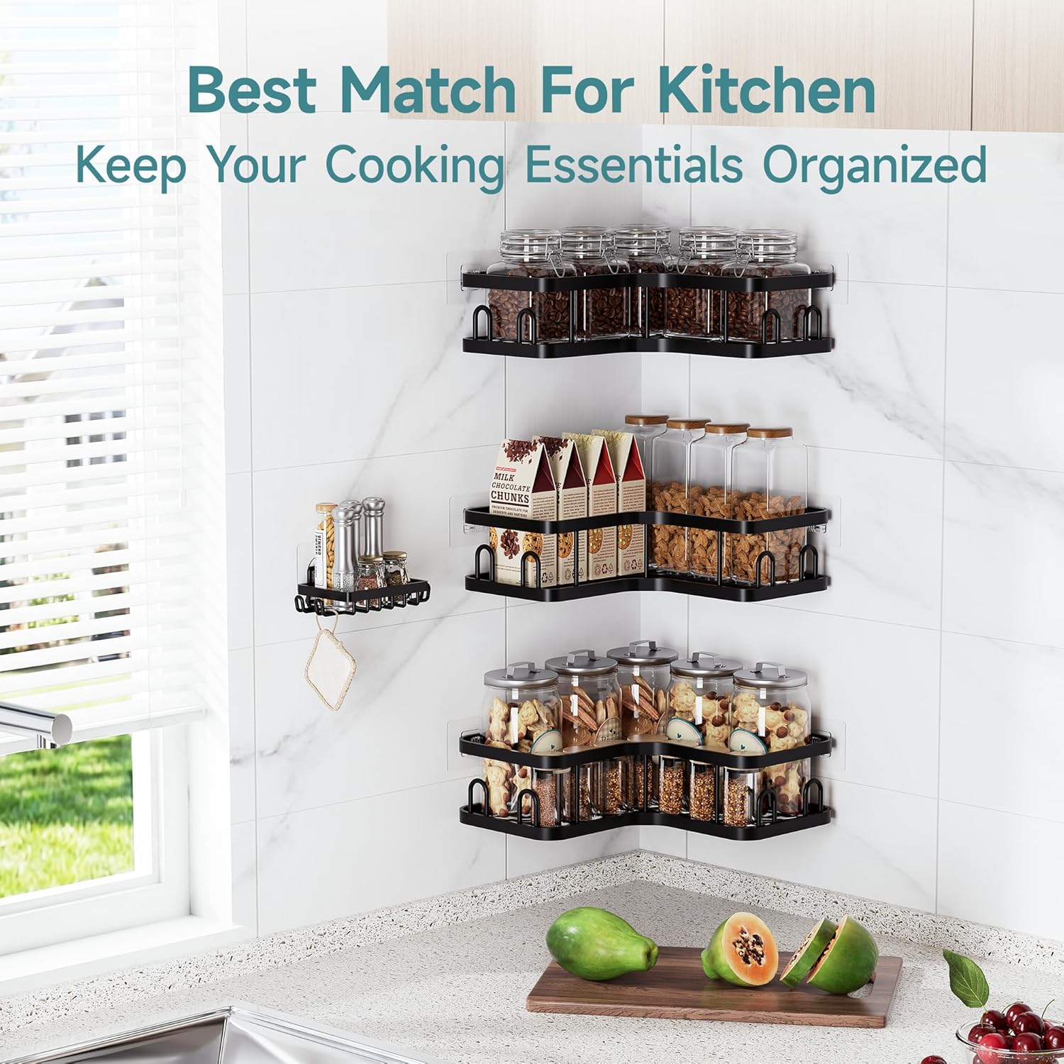 Veken Corner Shower Caddy - 4-Pack Adhesive Shelves with Soap Holder & Hooks | Rustproof, Waterproof, Black