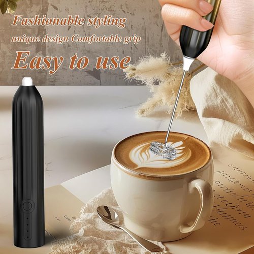 Milk Frother Powerful Handheld Rechargeable With 2 Stainless Heads 3 Speeds, Frother Wand Drink Mixer,Electric Whisk Foam Maker for Coffee,Lattes,Cappuccino,Hot Chocolate,Matcha, Egg- Black