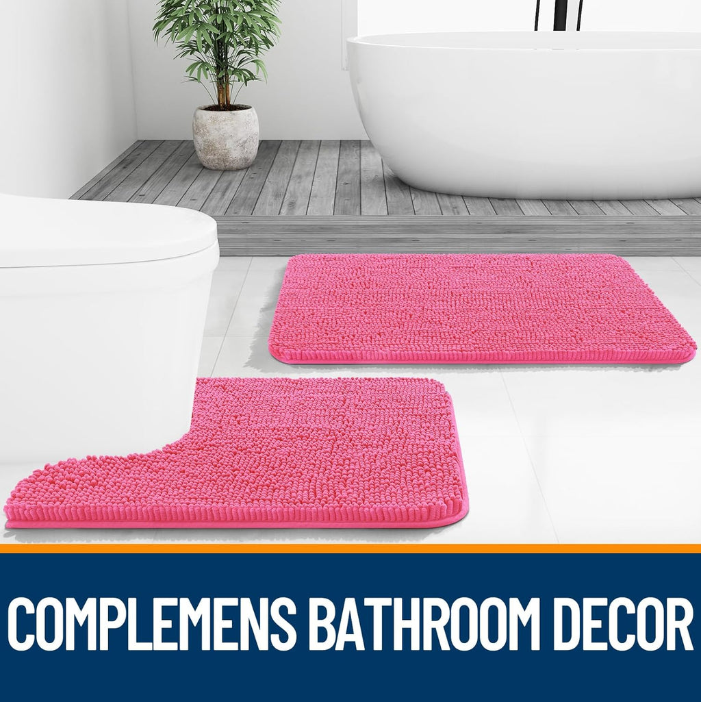 OLANLY Toilet Rugs - U-Shaped 24x20 Extra Soft Chenille Bath Mat | Quick-Dry, Non-Slip, Hot Pink