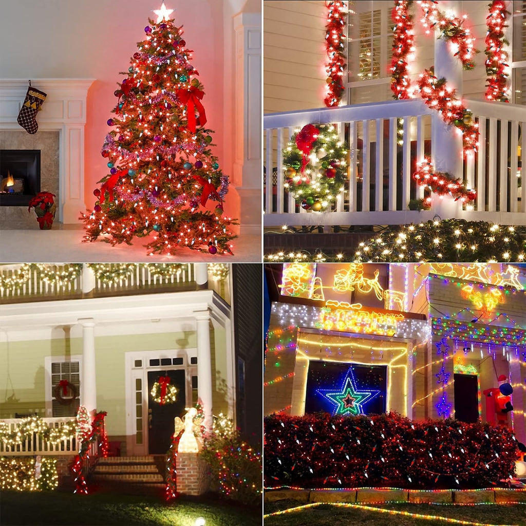 Waterglide C6 Fairy Lights - 100 LED 33ft Waterproof String Lights with 8 Modes | Green Wire, White & Red