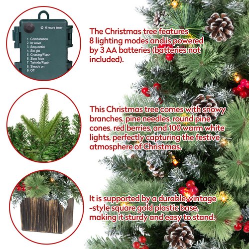 Jin&Bao 4FT Potted Christmas Tree with 100 Lights, 2 Pack Artificial Xmax Tree Timer Function with Round Pine Cones & Red Berries, 3AA Battery Operated Christmas Decorations for Outdoor, Porch