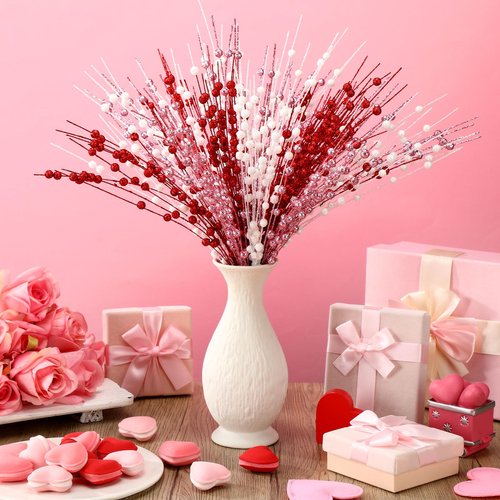 Wavwavw 18 Pcs Mother's Day Decoration Valentines Day Floral Picks Tree Decorations 17 Inch Red and Pink Glitter Berry Spray Picks Christmas Decor for Tree Wreaths Centerpieces Wedding Anniversary