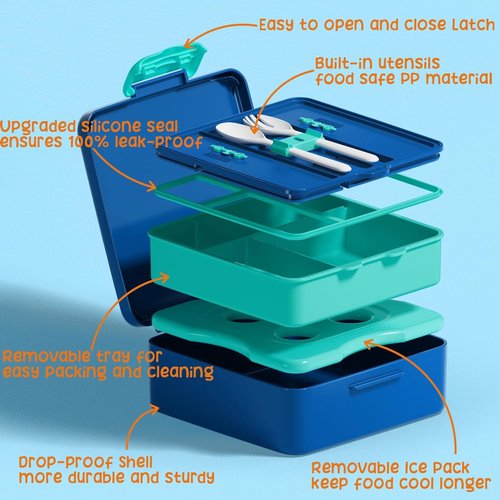 Fimibuke Chill Bento Box - Leak Proof Toddler Lunch Box with Ice Pack | BPA Free, 4 Compartments, Utensils Included