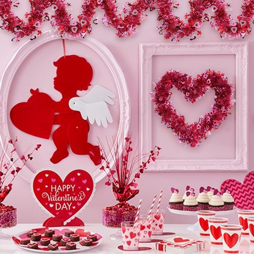 40Ft Tinsel Garland Red Pink Heart Garland Metallic Twist Shiny Hanging Decoration for Wedding Anniversary Birthday Indoor Outdoor Party Supplies