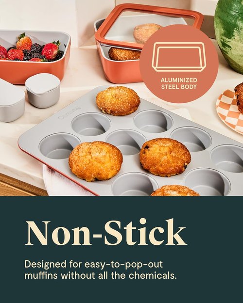Caraway Non-Stick Ceramic Muffin Pan - 12-Cup Design with Naturally Slick Coating - Non-Toxic & PTFE Free - Ideal for Cupcakes & Muffins - Perracotta