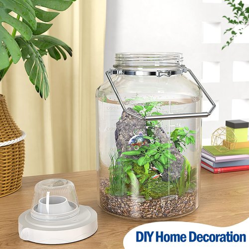 5 Gallon Air Tight Glass Storage Jars, 6.4inch Wide Mouth Canister with Stainless Steel Handle, Large Gallon Glass Jars, Glass Water Jug with Cup for Terrarium, Storage, Dog Treats, Mead Making