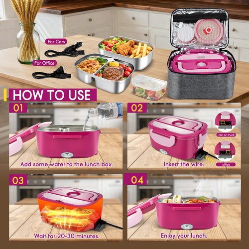 AOSION Electric Heated Lunch Box for Adults, 4 IN 1 Heating Lunch Box with 2 Pack 1.5L Container, 80W Lonchera Eléctrica Portátil, Food Warmer for Car/Truck/Office (PINK)