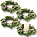 Jansun Christmas Candle Rings - 4 Pcs Red Berries & Pine Needles Mini Wreaths for Holiday Decor