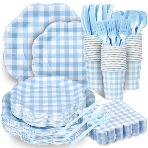 Houuqe 400 Pcs Gingham Party Supplies for 50 Guests Blue and White Scalloped Paper Plates and Napkins Knives Spoons Forks Cups Disposable Checkered Dinner Party Set for BBQ Baby Shower Wedding