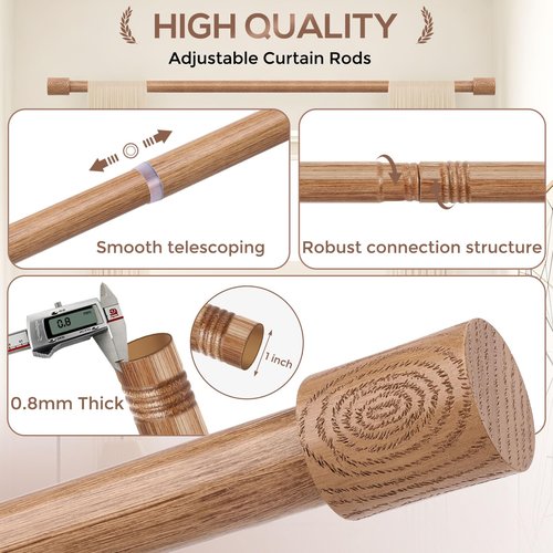 JRZOO Wood Curtain Rods, 1'' Decorative Adjustable Rustic Farmhouse Drapery Rod, Heavy Duty Boho Curtain Pole for Windows 28 to 48 Inch with Imitation Wooden Grain Finials, (Light Wood/Unique Design)