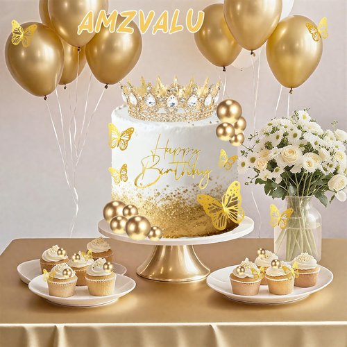 AMZVALU Crown Cake Topper, Corona Para Pastel, Gold Crown Happy Birthday Cake Topper Candles Balls 3D Butterflies, Diy Cake Decorations for Women Princess Queen (Gold, White)