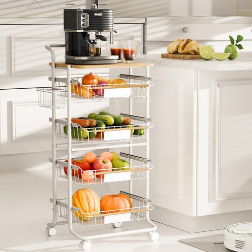 PantryNest Kitchen Organizer Cart with Wheels, 5 Tier Fruit and Vegetable Storage Basket, Rolling Storage Cart for Kitchen, Pantry, Bathroom, Upgraded Design with Slide-Out Shelves, White
