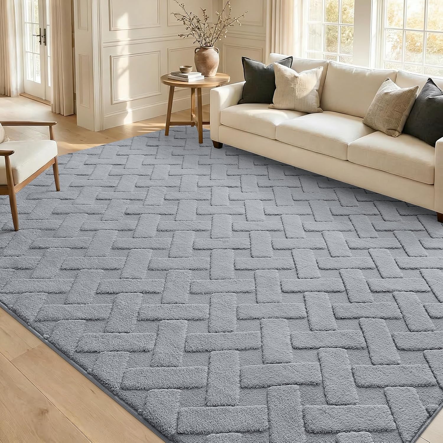 OLANLY Area Rug - Soft Plush Geometric Shaggy Carpet for Living Room & Bedroom | 4x6 ft, Easy Clean, Grey