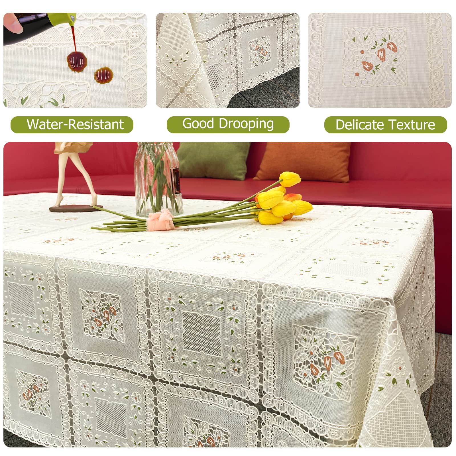 iSamzan Waterproof OilProof Vinyl Table Cover, Plastic Lace Tablecloth for Rectangle Table, Textured Home Decor for Parties, Dining, Kitchen, Outdoor