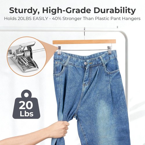 HOUSE DAY Premium Wooden Pants Hangers - Heavy Duty Anti-Slip Clips for Slacks & Jeans | 25 Pack, Natural Finish