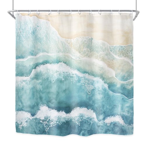 Riyidecor Beach Ocean Wave Shower Curtain for Bathroom Decor 72Wx72H Teal Blue Coastal Nautical Sea Abstract Modern Seaside Minimalist Art Printed Fabric Polyester Waterproof 12 Pack Plastic Hooks