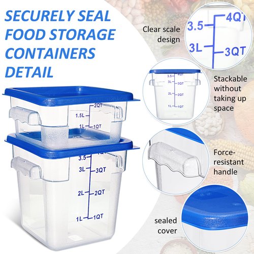 Yungyan 8 Pcs Restaurant Food Storage Containers with Lids Set 2Qt and 4Qt Commercial Restaurant Square Storage Containers Clear Food Cereal Container for Kitchen Freezer (Blue Lids)