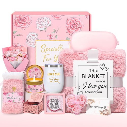 Joyliss Valentines Day Gifts for Her, Birthday Gifts for Women, Get Well Soon Gift Basket Care Package Self Care Gifts Valentine's Day Gift with Flannel Blanket for Women Mom Girlfriend Sister Wife