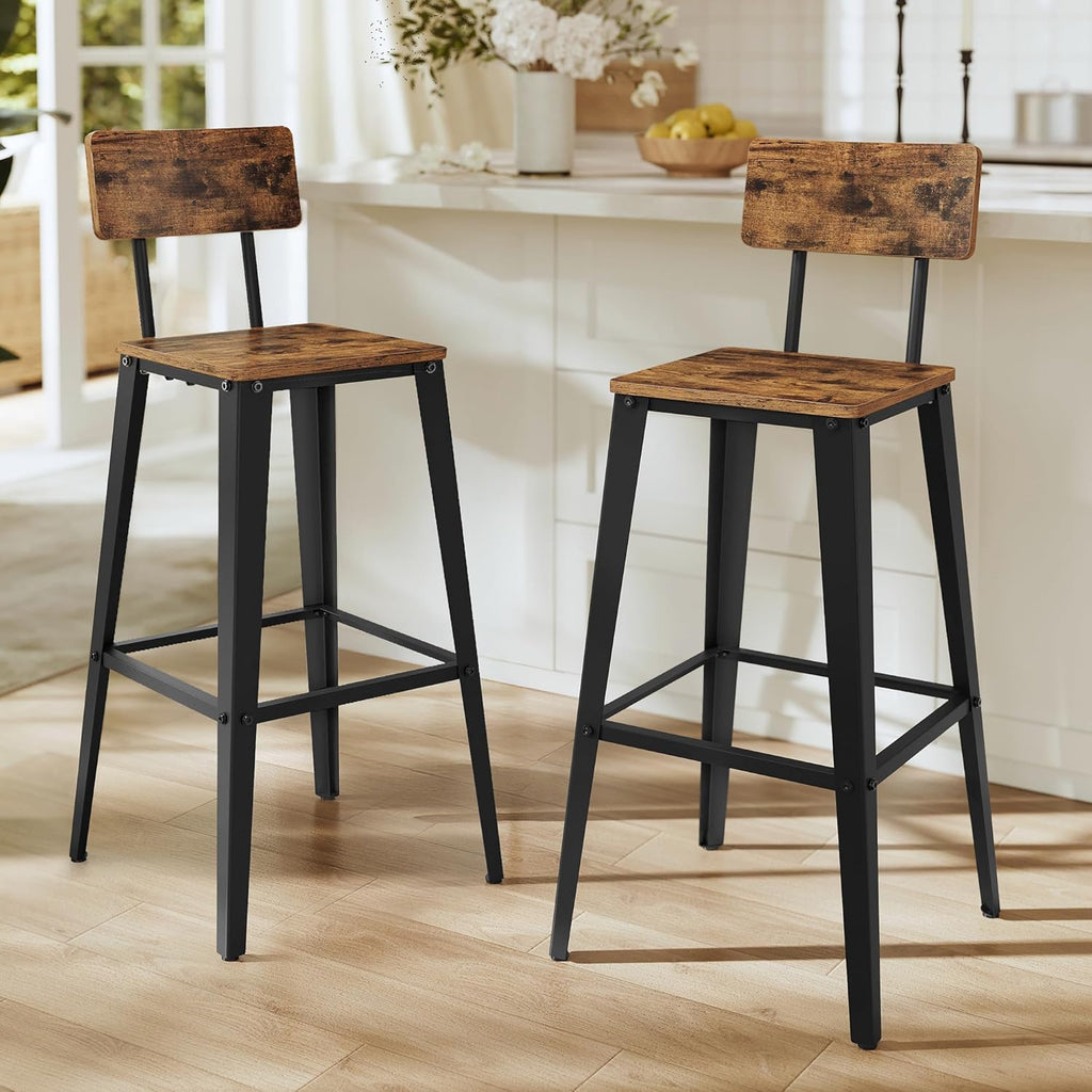 VASAGLE Bar Stools Set of 2 - 29.1-Inch Tall Industrial Style Chairs with Back | Rustic Brown & Ink Black