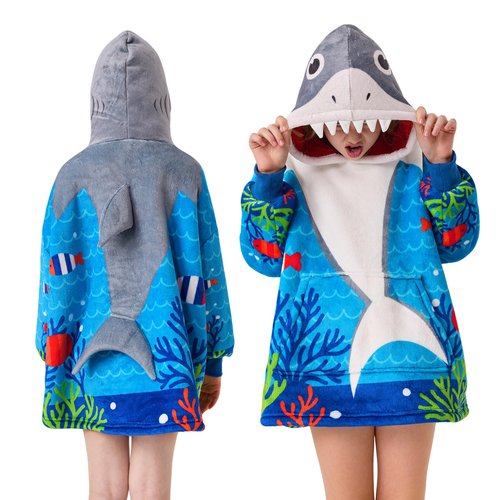 MIZZEO Kids Wearable Blanket Hoodie, Oversized Sherpa Wearable Blanket with Hood Pocket and Sleeves for Toddlers, Cute Hoodies 2-6 Year Old Girls Youth Birthday Gifts (shark)