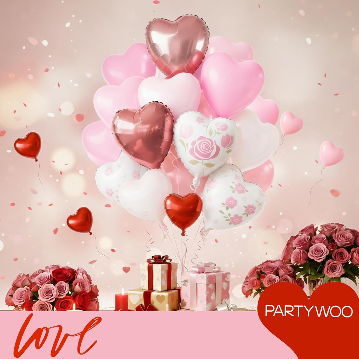 PartyWoo Pink Balloons - 127 Pcs in Various Sizes & 15 Pcs Heart Foil for Valentine's Day Decor
