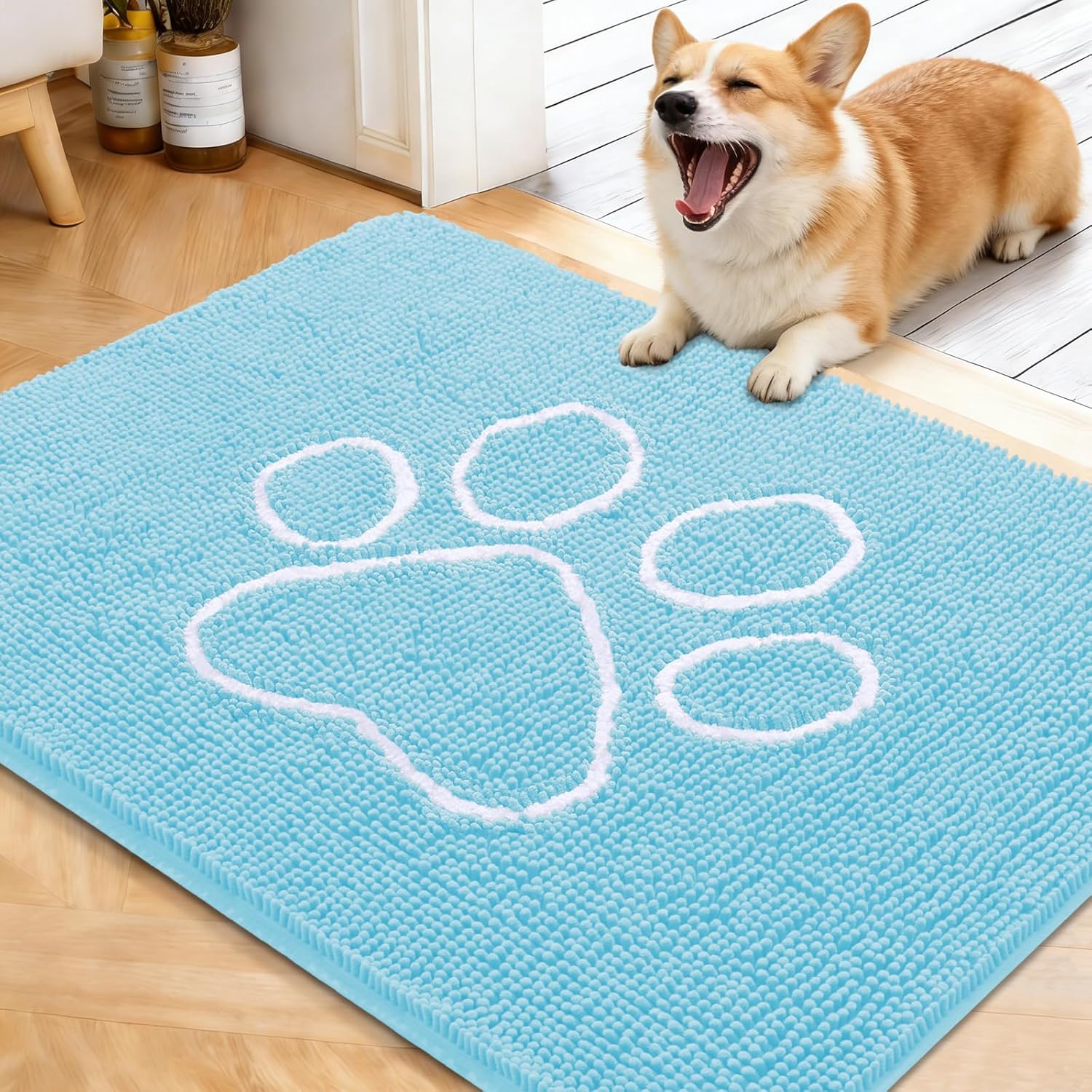 OLANLY Dog Door Mat - Absorbent Non-Slip Mud Mat for Muddy Paws | 40x32 Paw Print Design, Quick Dry Blue