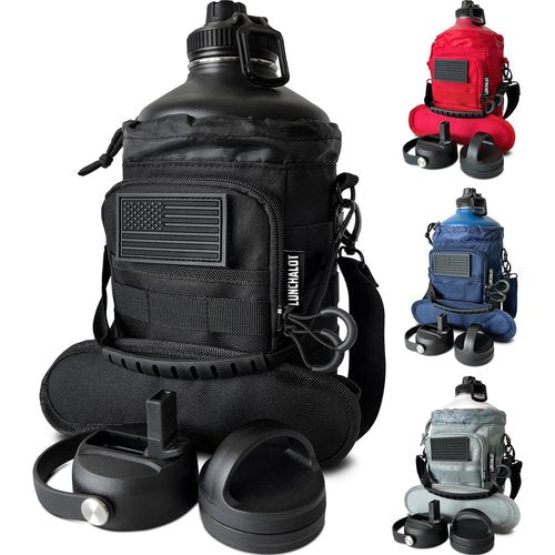 LUNCHALOT 1 Gallon Water Bottle - 128 Oz Insulated Stainless Steel Metal Water Bottle with Holder - Carrying Bag - Spout Handle - Straw Lids - Keep Cold & Hot - Black Tactical Flask