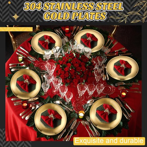 Uiifan 40 Pcs 304 Stainless Steel Dinner Plates Gold 8 Inch Platter Serving Flat Metal Dessert Salad Camping Plates Kitchenware Dinner Dishes for BBQ Snack Steak Food Serving Dishwasher Safe