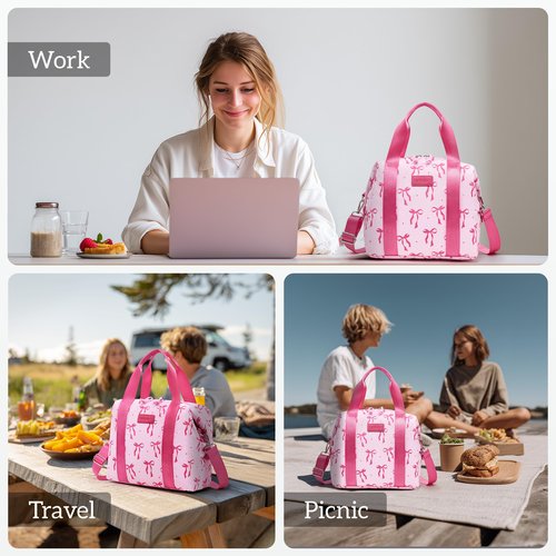 Naimuesly Lunch Bag Women Insulated Lunch Box,Cute Large Lunch bags,Reusable Leakproof Cooler Bag with Adjustable Shoulder Strap, Aesthetic Lunch Tote for Work Office Picnic Pink bow