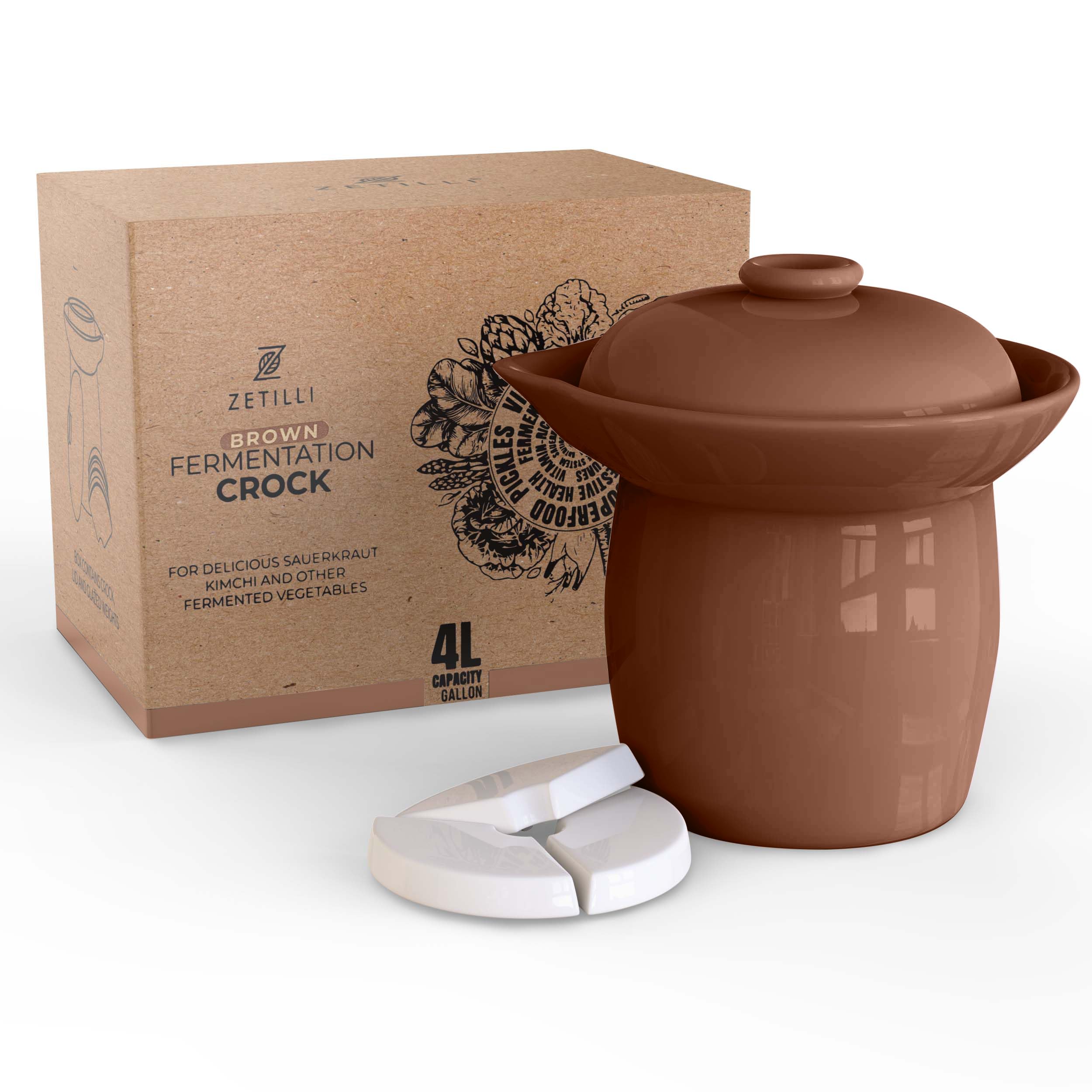 Zetilli Fermentation Crock Jar Fermenting Crock with Glazed Weights- Onggi Kimchi Pot for Fermenting Delicious Kimchi, Kombucha & Pickles - Stoneware Sauerkraut Crock Pickling Fermenter (4L BROWN)