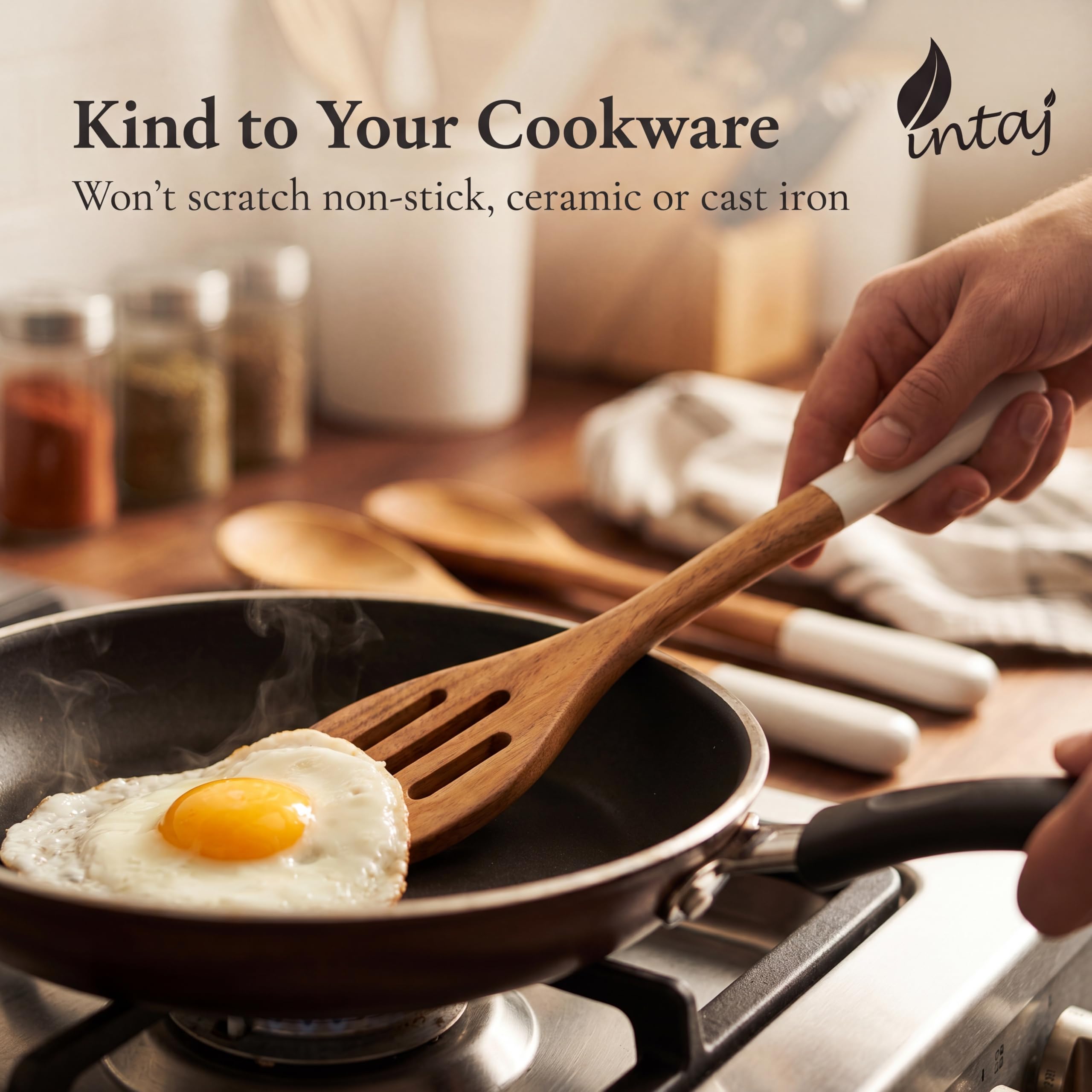 INTAJ Wood Kitchen Utensil Set – Handmade Wooden Spoons & Spatula for Cooking and Serving 5-Piece Acacia – Durable, Smooth Surface & Gentle on Cookware – Easy to Clean Kitchen Tools